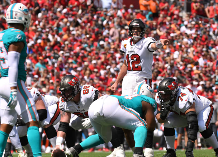 Oct 10, 2021; Tampa, Florida, USA; Tampa Bay Buccaneers quarterback Tom Brady (12) in the first half against the Miami Dolphins at Raymond James Stadium. Mandatory Credit: Jonathan Dyer-USA TODAY Sports